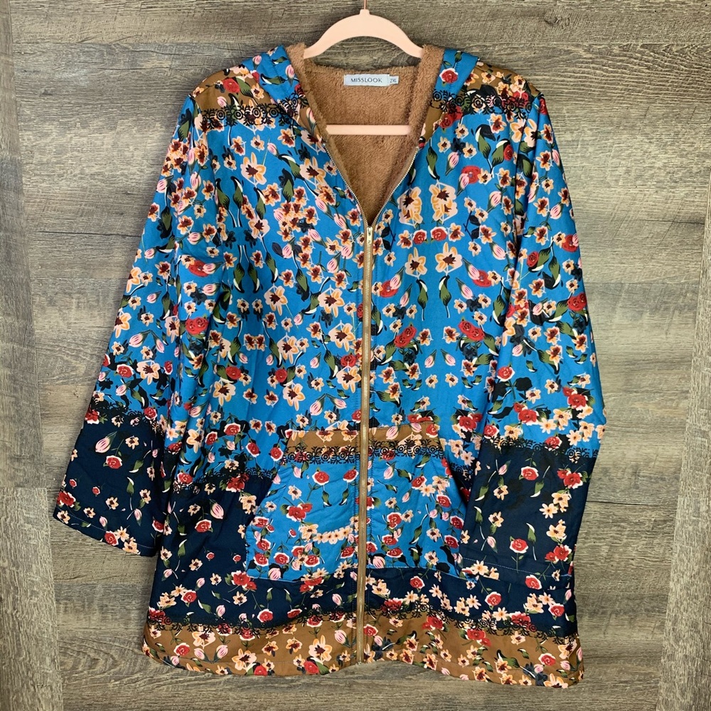MISSLOOK Floral Faux Fur Lined Hooded Coat